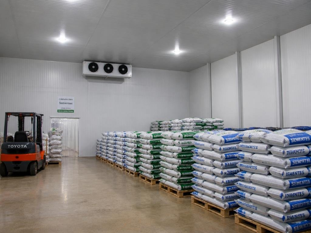 Interior de armazém com câmara fria para armazenamento de sementes