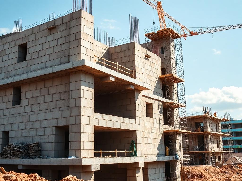 Obra de construção civil com alvenaria e estrutura de concreto