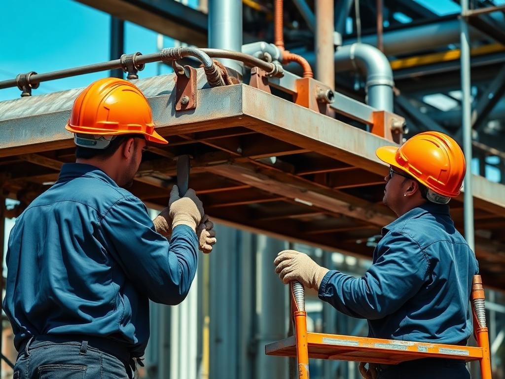 Equipe realizando manutenção industrial em estrutura metálica