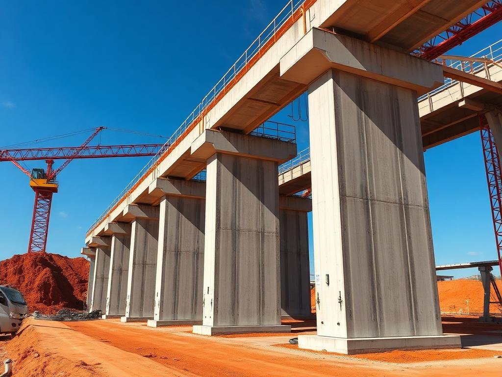 Montagem de pré-moldados de concreto em obra industrial