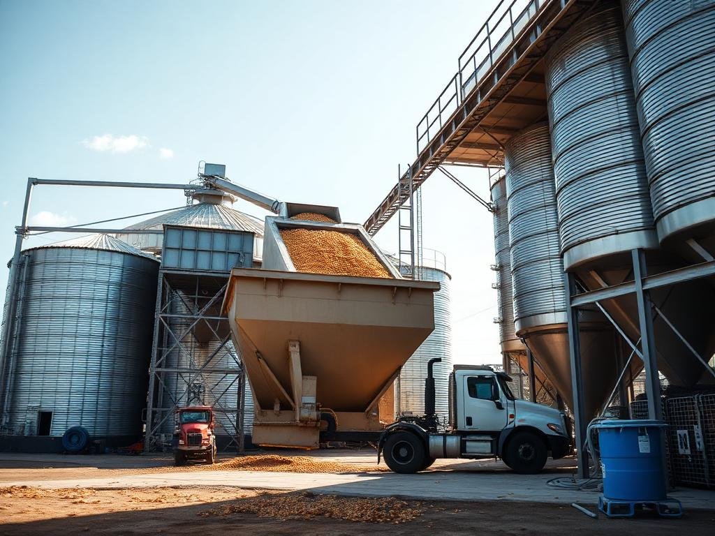 Moega de recebimento de grãos e silos metálicos